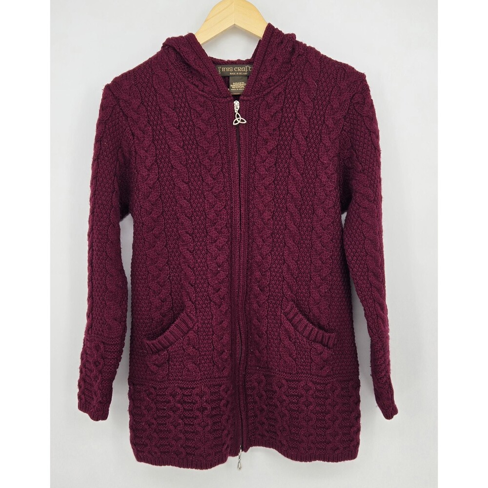 Vintage 100% Merino wool pink hooded Aran‎ cardigan, made in Ireland, womens S